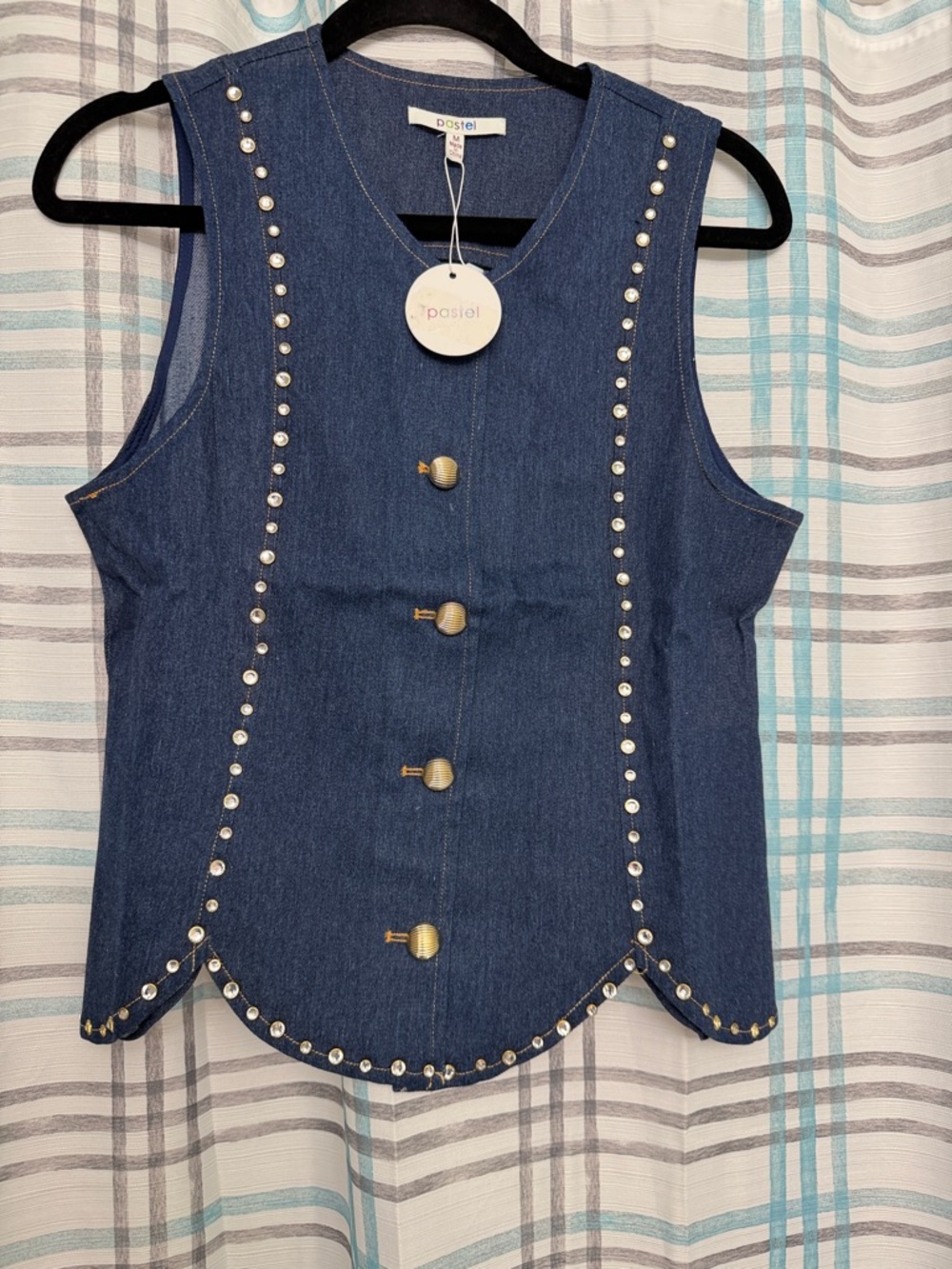 Pastels Denim Blue Studded Sleeveless Vest